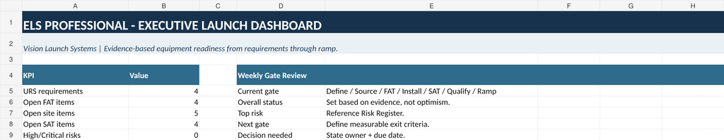 ELS Professional Executive Launch Dashboard worksheet