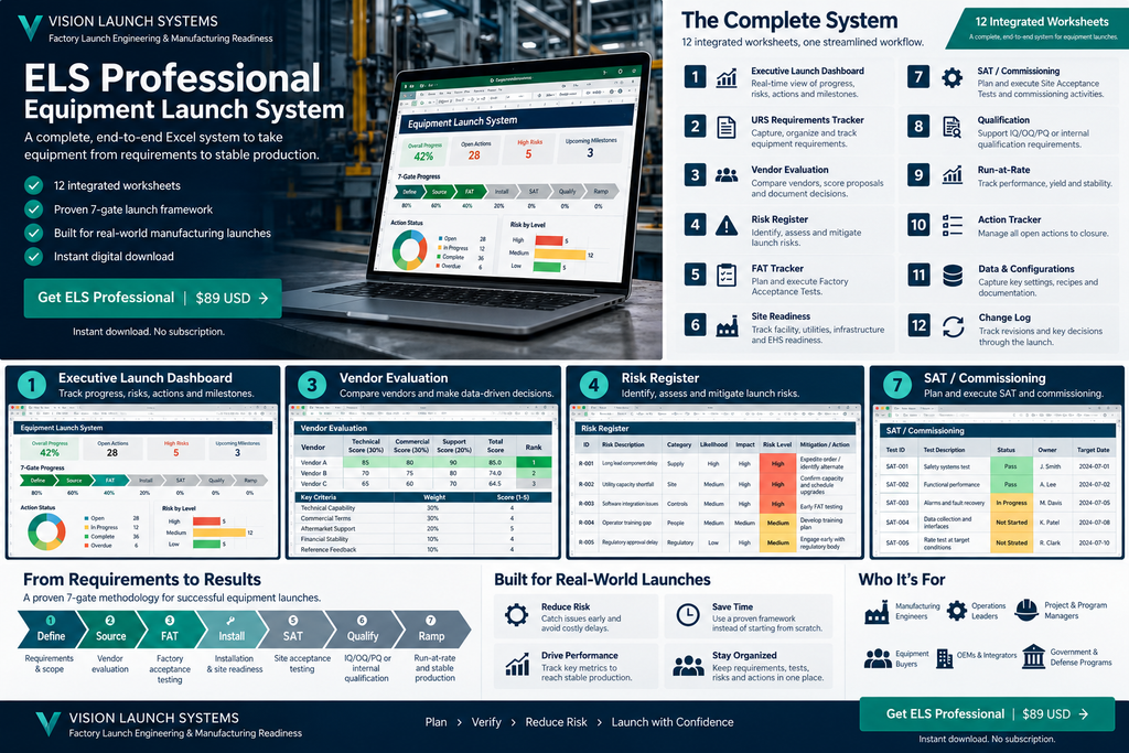 ELS Professional Equipment Launch System overview, integrated worksheets and seven-gate workflow